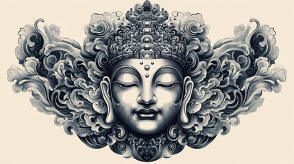 Fototapeta premium Tattoo illustration of a buddhist face architecture emblem symbol.