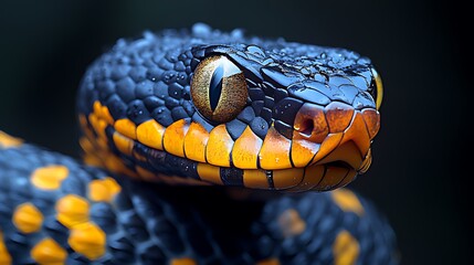Obraz premium Close-up of a venomous snake with black and orange scales.