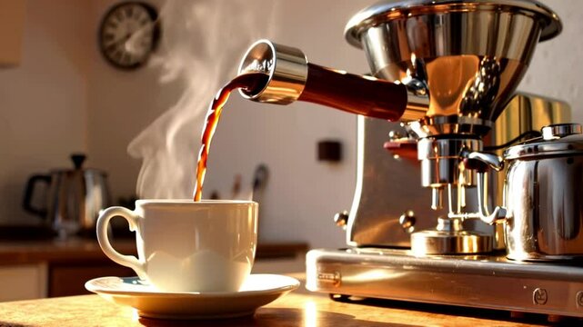 Espresso machine pouring a rich, dark elixir into a waiting cup, a morning ritual brewing