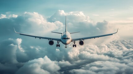 Airplane flying above clouds. Concept of travel, journey, and transportation.