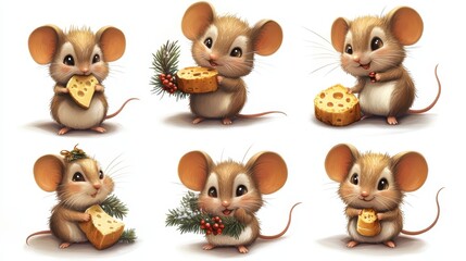 Obraz premium Six adorable cartoon mice in various poses, some holding cheese, others with a pine branch and ornament on white background. Perfect for holiday or food-related themes.