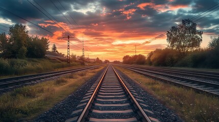 Fototapeta premium Sunset over Railroad Tracks. Concept of journey, travel, and freedom.