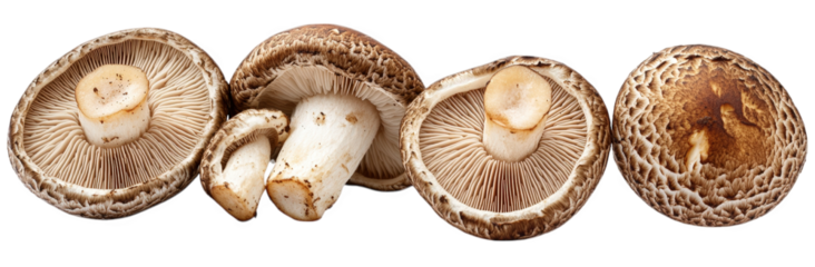 four fresh shiitake mushrooms isolated on a transparent background three are open with caps. the other closed all have a brown cap. white stem. and gills