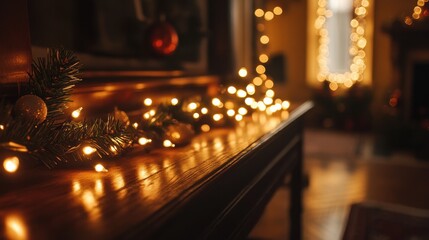 Christmas garland lights on brown wooden table .