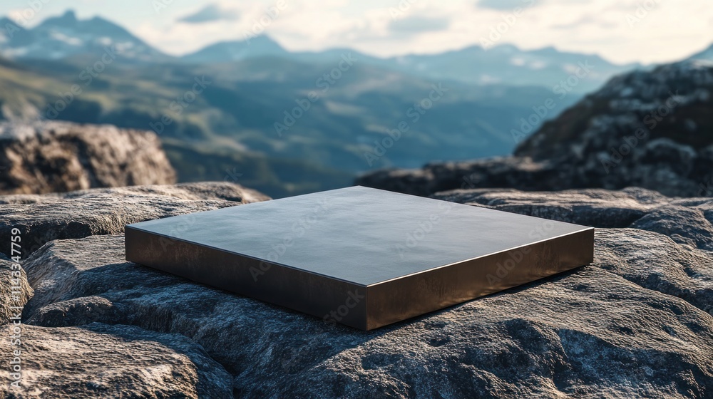 Poster a sleek, dark rectangular object rests on rugged rocks against a mountainous backdrop.