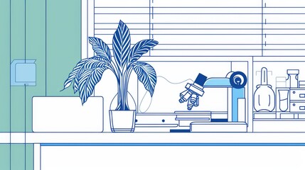 Illustration of a workspace featuring a microscope, potted plant, and a serene blue color scheme for a calming, research-inspired vibe. AI generated.