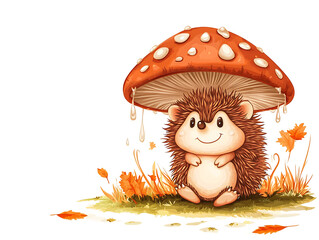 cartoon hedgehog sitting under a mushroom with raindrops forming ripples around it, earthy tones and professional proportions