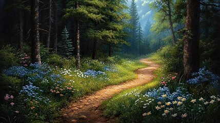 Obraz premium Forest Path: A Serene Journey Through Blooming Meadows