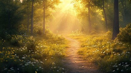 Sunlit Path Through a Flowery Forest