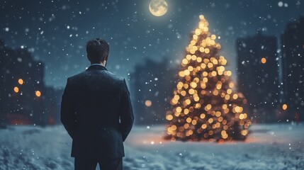 Obraz premium Picture of a christmas tree in the snow with the moon