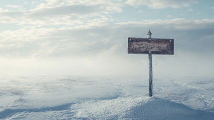 Naklejka premium A snow-covered landscape featuring a wooden signpost in a misty, winter environment.