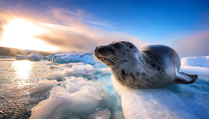 Obraz premium Seal Awakens and Slides Off Icy Bed