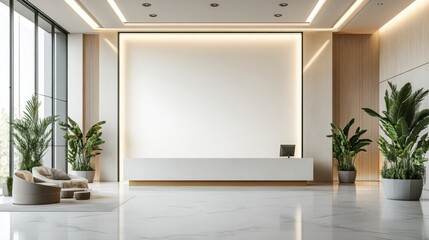 Comfortable office lobby interior with blank white wall. hyper realistic