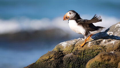 Graceful Puffin Hopping Off a Rocky Seaside Bed