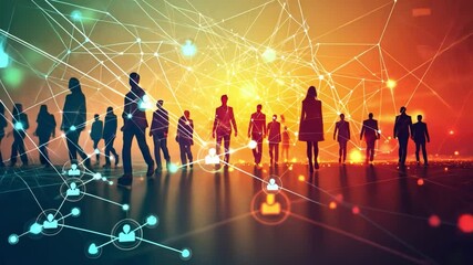 Connected and Empowered: A powerful silhouette image depicting a diverse group of individuals, all connected by a network of glowing lines symbolizing unity, communication and global collaboration.   - Powered by Adobe