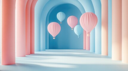 Multiple blue air balloons floating gracefully in a minimalist blue studio, celebrating happiness and joy with pastel-colored 3D