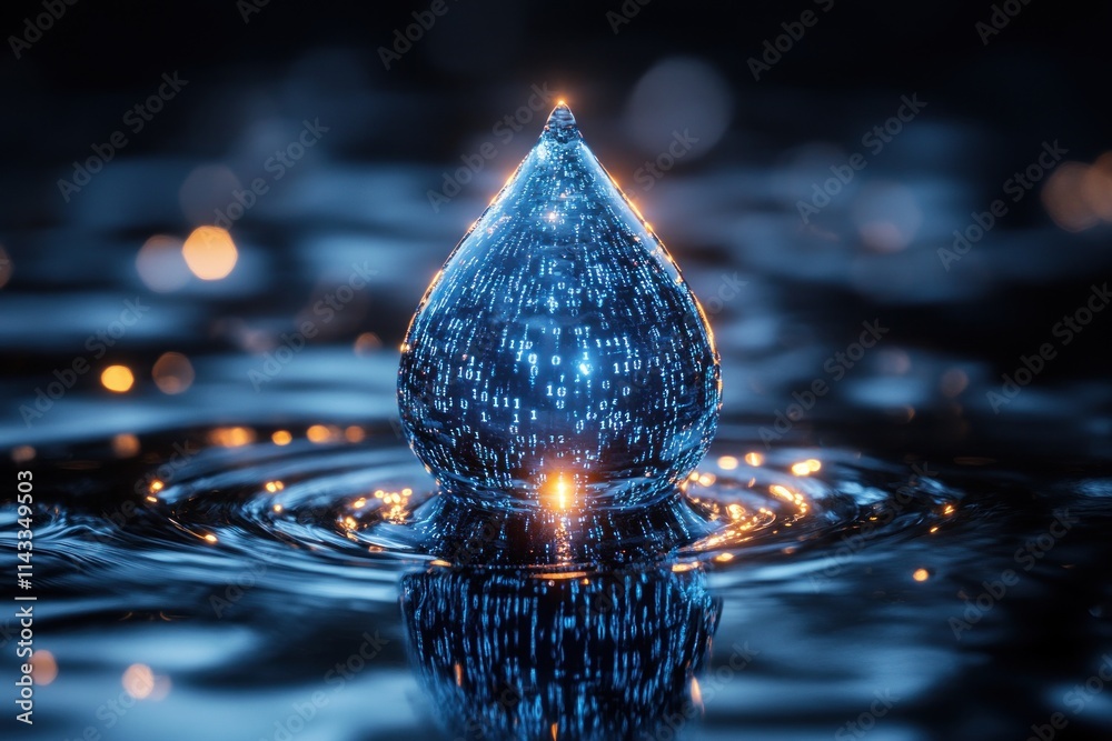 Poster Blue Water Drop Icon with Binary Code for Environmental Monitoring and Resource Management in Hydrology and Sustainable Conservation