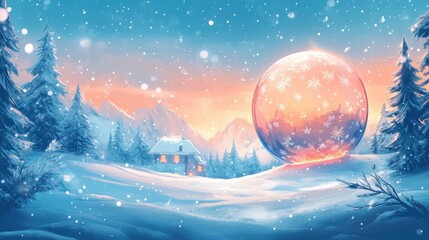 Naklejka premium Illustration of large chrismas ball with winter landscape.