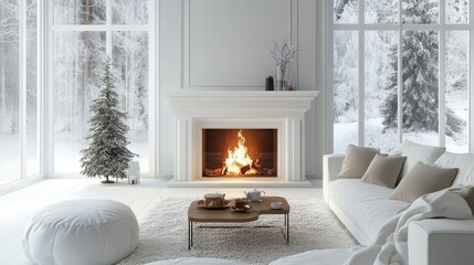 Minimalistic hygge living room interior in white color, room in cottage or guest house in winter snowy forest, fireplace and set tea table in warm modern room, winter holidays slowcation concept, AI