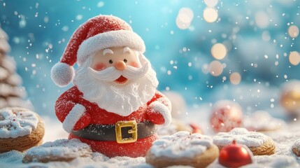 Christmas xmas or St. Nicholas Day celebration holiday greeting card - Christmas cookies and santa claus decoration and ornaments in snow, with snowy blue landscape in the background (Generative Ai)