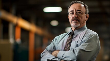 Obraz premium Portrait of a confident mature facility manager man wearing glasses and a formal business attire in a modern workspace