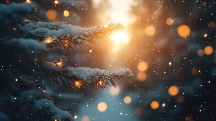 Christmas scene with snowy winter forest, fir branches, twinkling lights, and falling snowflakes , winter