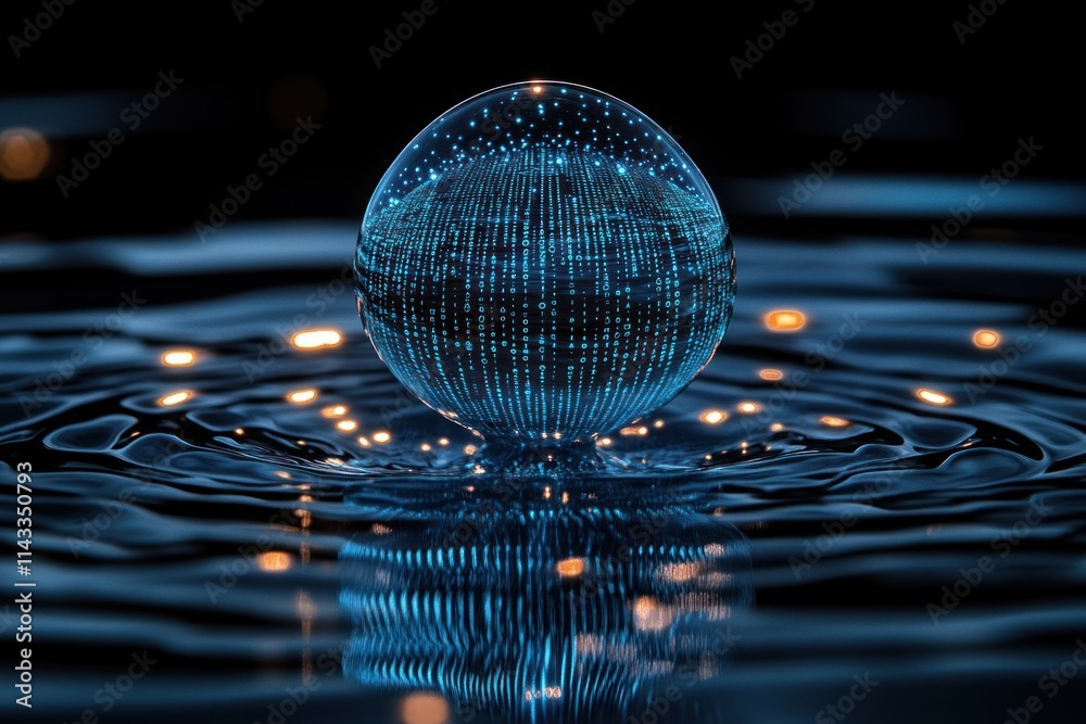 Poster Water Droplet Icon with Binary Code for Artificial Intelligence in Hydrology and Environmental Management