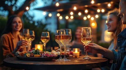 Friends Enjoying a Cozy Evening Gathering in a Cafe with Snacks and Drinks