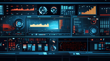 A modern earthquake detection control panel displaying real time data from a network of seismic sensors. Seismic. Illustration