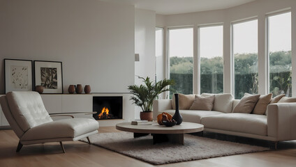 Modern Living Room with Sectional Sofa, Chaise Lounge, and Fireplace