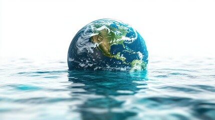 Fototapeta premium Illustration depicting climate change with a globe partially underwater, symbolizing melting ice caps and rising temperatures, set against a white background.