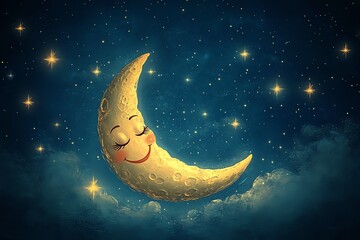 Obraz na płótnie Canvas A cheerful crescent moon smiles among twinkling stars in a dreamy night sky.