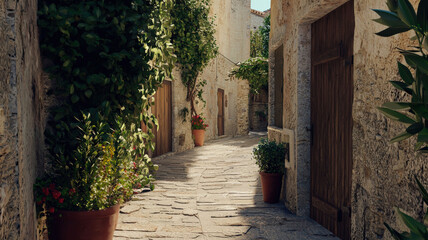 Obraz premium A serene alley in a Mediterranean village, bordered by stone walls adorned with climbing plants and featuring rustic wooden doors, evoking charm and tranquility.