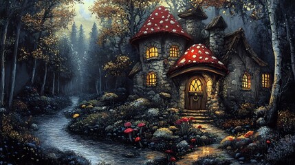 Fototapeta premium Enchanted Mushroom House in a Dark Forest