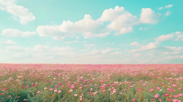 Pink flower field under a pastel sky