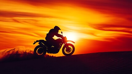Silhouette Of Motorcyclist Riding At Sunset Over Sand Dunes