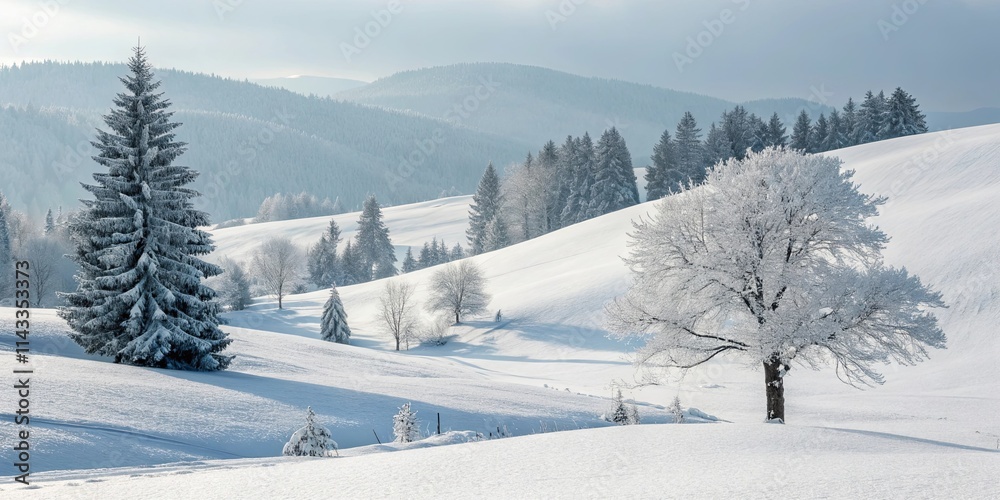 Poster a snowy landscape with a tree in the foreground
