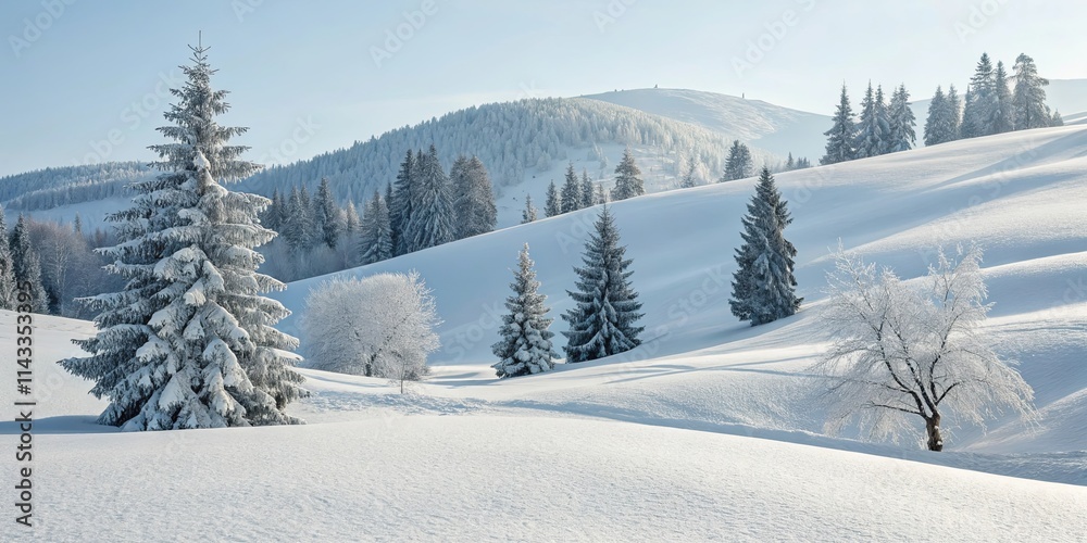 Poster a snowy hillside with pine trees and a mountain in the background