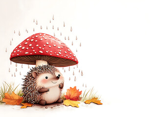 cartoon hedgehog under a mushroom with raindrops dripping off the cap, soft glowing effects 