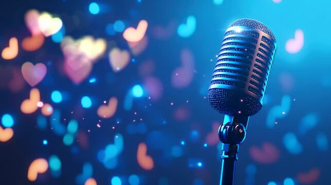 Vintage Microphone with Floating Musical Notes and Heart Lights. Seamless loop video background