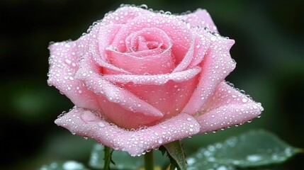Pink Rose With Dew Drops Glimmering in Morning Light