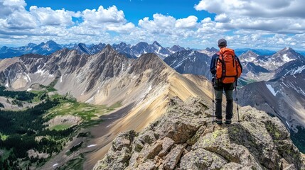 Naklejka premium Hiker Enjoying Scenic View from Mountain Peak with Beautiful Clouds