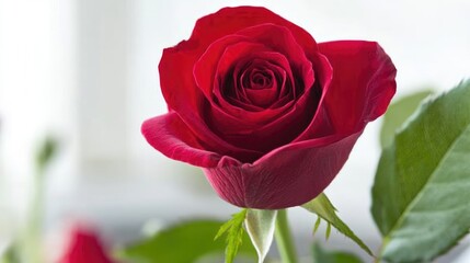 Stunning Close-Up of a Single Red Rose Petal with Green Leaves