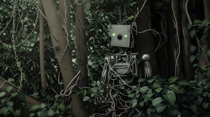 A metallic robot entangled in vines and lush foliage in a dense jungle setting, illuminated by a glowing green eye, showcasing a fusion of nature and technology. AI generated.