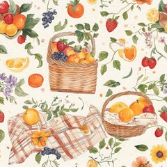 Whimsical Watercolor Picnic Scene with Fruit Baskets