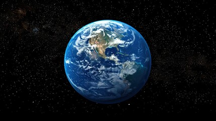Earth from space, showing continents, clouds, and stars.