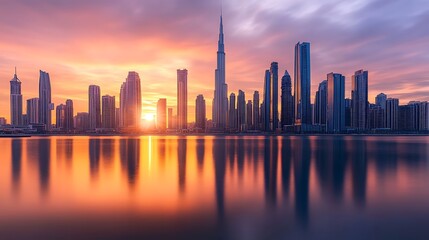 Obraz premium Dubai Skyline Sunset Cityscape Reflection Beauty