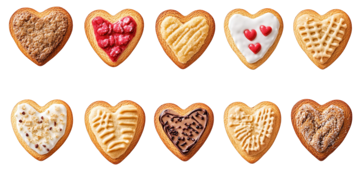 ten heart shaped cookies with various toppings the cookies are topped with chocolate. sprinkles. jam. and icing they are arranged in two rows of five - Powered by Adobe