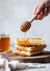 Hand Drizzling Honey Over Waffle on Wooden Board with Jar of Honey - Elegant Food Photography