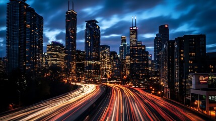 Obraz premium Chicago Cityscape at Night with Light Trails. Concept of Urban Life, Modernity, and Fast Paced City.
